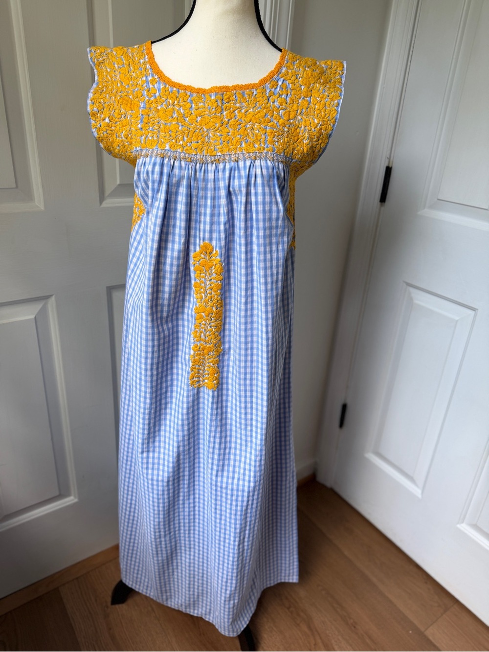Mi Golondrina Blue and Yellow Embroidered Gingham Flores Maxi Dress - Picture 1 of 5